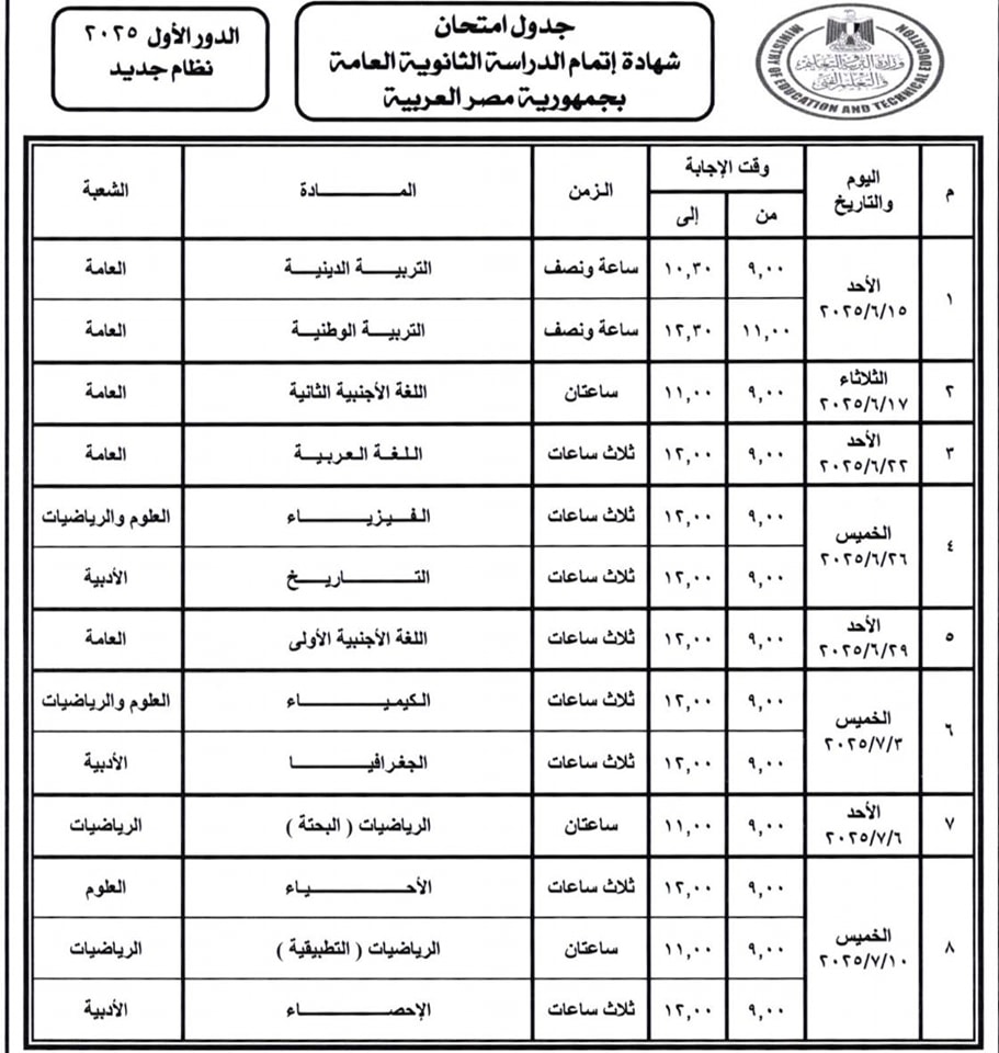 جدول امتحانات الشهاده الثانويه العامه 2025