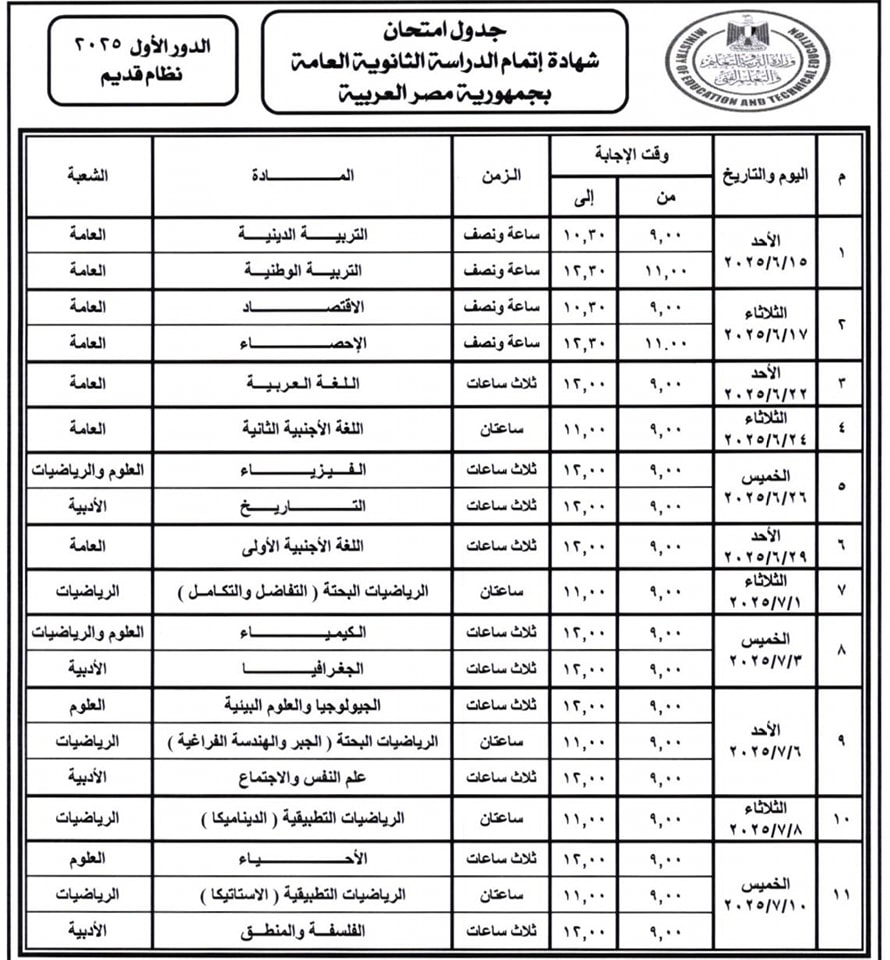 جدول امتحانات الشهاده الثانويه العامه 2025